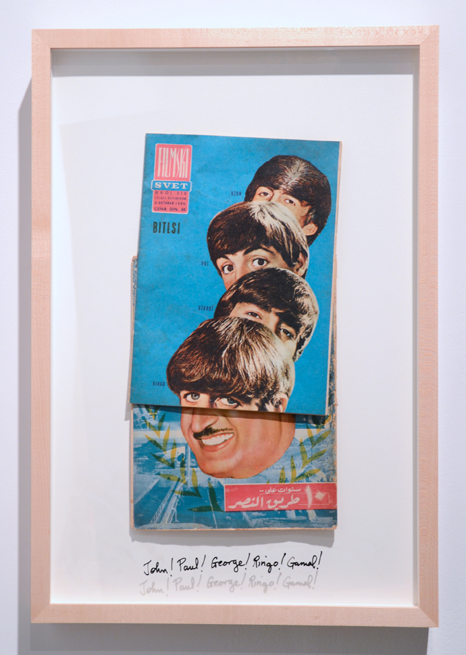 Michael Rakowitz, John! Paul! George! Ringo! Gamal!, 2014, Yugoslav Filmski Svet magazine, October 8, 1964 on Al Musawar magazine, 1960, 23.75 x 16.75 inches, framed. 